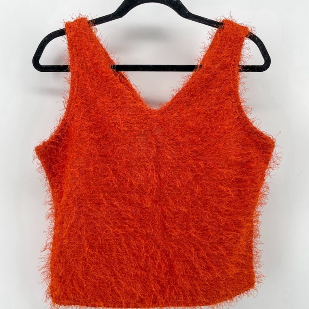 Vintage Y2K Studio Y Womens Tank Top Orange Textured Fringe V-Neck L